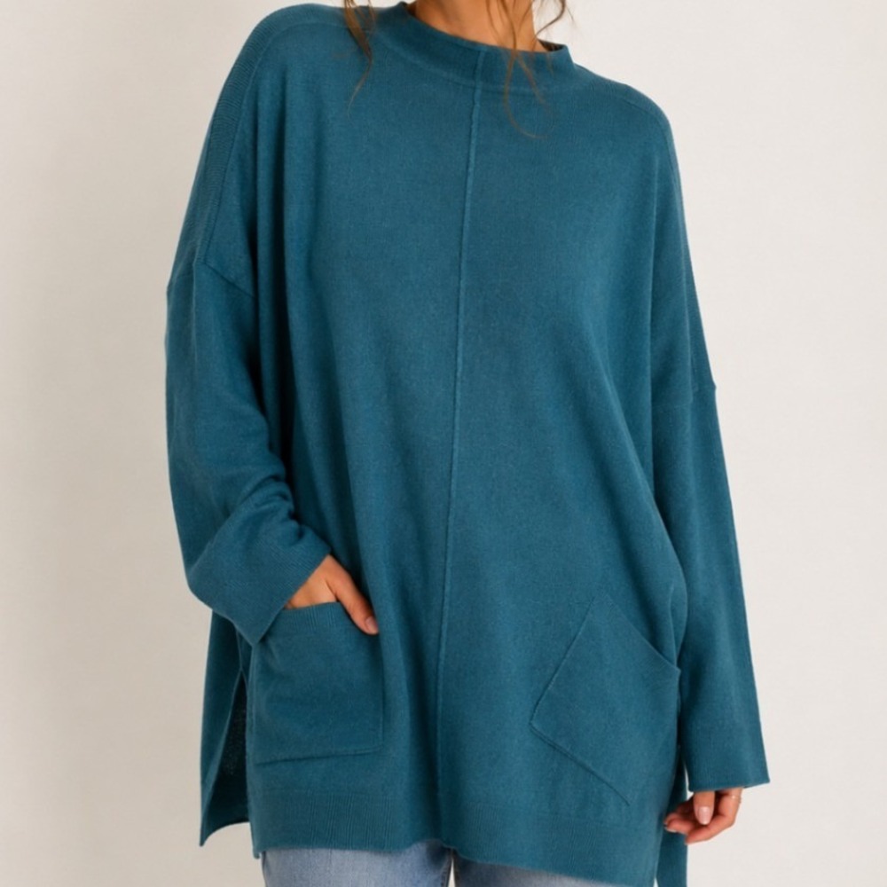 Kerisma Wool Blend Oversized Tunic Sweater S/M Teal Dolman Pocket Cozy Knit